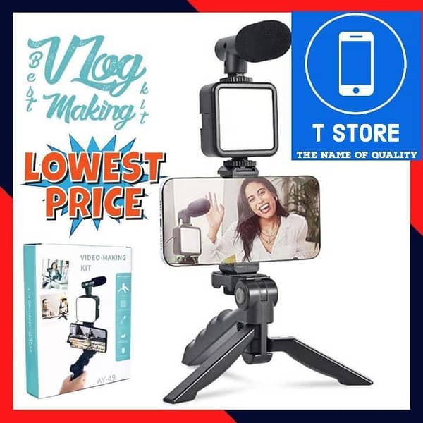 Mobile Phone and DSLR Vlogging Kit with AY-49 Tripod, Microphone, 360 LED Light, and Remote for Video Recording and Live Streaming