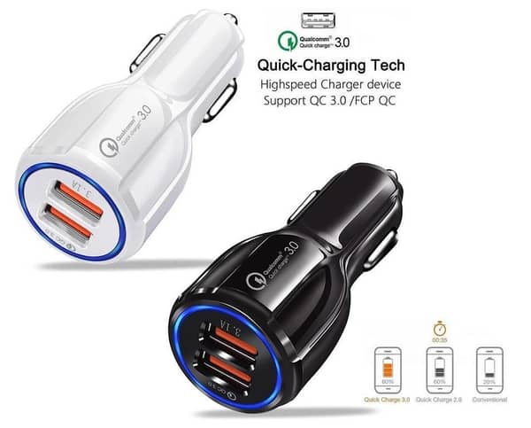 Qualcomm QC 3.0 Car Charger with Dual USB Ports and Blue LED Indicator for Fast Charging