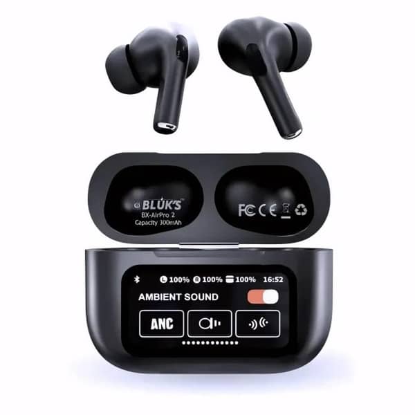BLUKS BX-AirPro 2 Wireless Bluetooth Earbuds with LCD Display, ANC, and Pop-Up Pairing in Black | Includes 1-Year Warranty