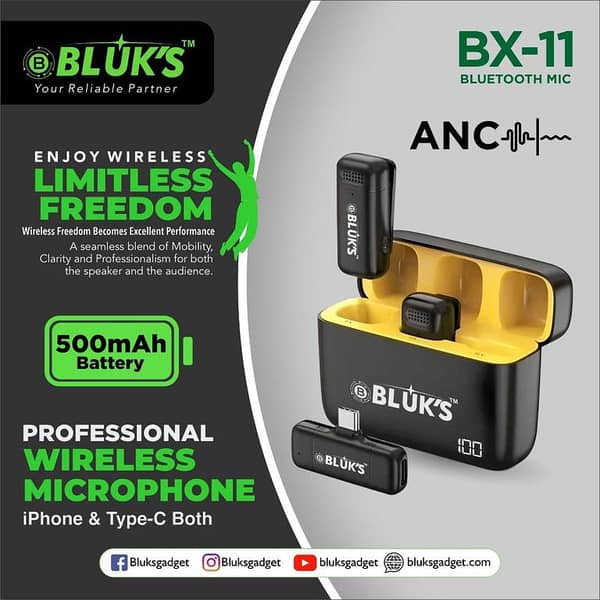 BLUKS BX-11 Dual Wireless Microphone for iPhone and Android with Active Noise Cancellation, Ideal for Recording, Streaming, and Vlogging – Includes 1 Year Warranty