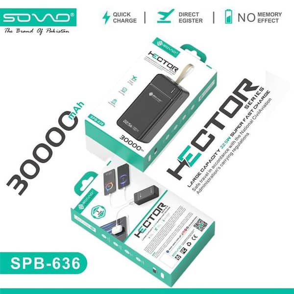 SOVO Hector 30000mAh Power Bank with 22.5W Fast Charging, Quad USB Ports, and USB-C PD Support