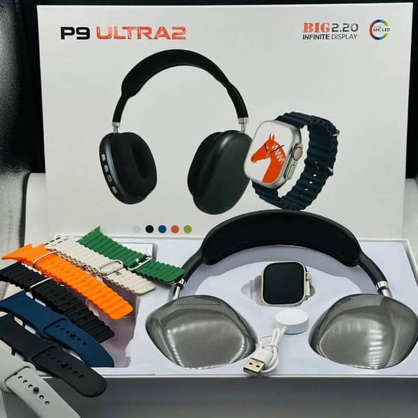 P9 Ultra 2 Smartwatch with Bluetooth Calling, 7 Straps, Wireless Headphones, HD Display, Fitness Tracker, and Heart Rate Monitor for Android & iOS