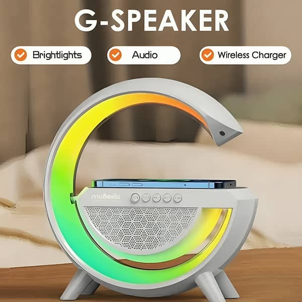 G Shaped LED Lamp BT 2301 with Bluetooth Speaker, Wireless Charging, and RGB Lighting