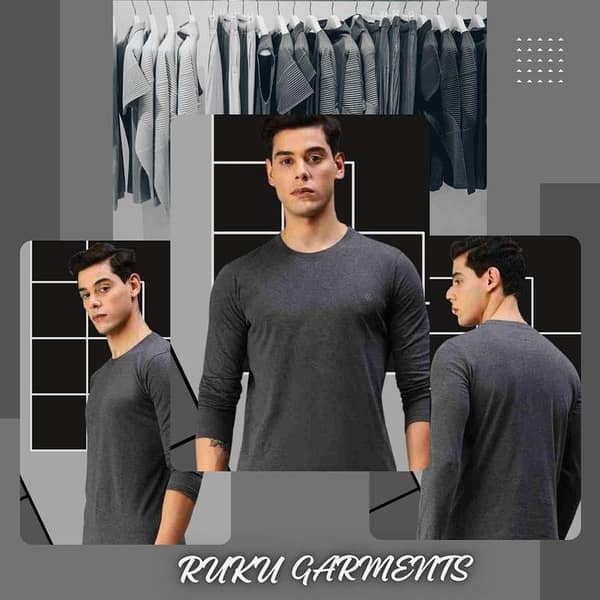Ruku Garments Charcoal Long Sleeve T-shirt for Men in Plain Design with Chain Yarn Fabric