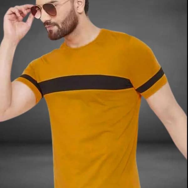 Ruku Garments Men's Short Sleeve Panel T-shirt with Striped Round Neck in Single Jersey Fabric
