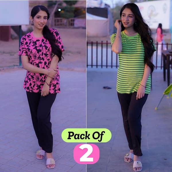 Ruku Garments Women's Night Suit: 2 Printed T-Shirts with Solid Black Trousers
