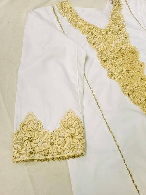 Women's and Girls' Dyed White Dresses with Golden Embroidery, Jacquard Fabric