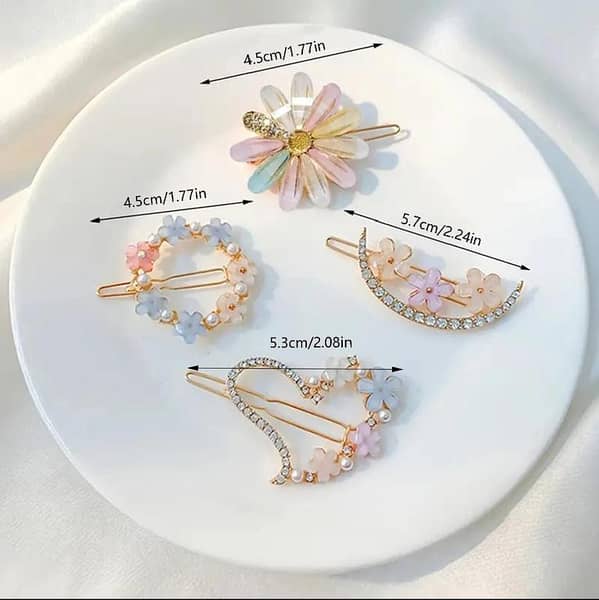 4-Piece Korean Jewelry Hairpin Set for Weddings and Parties - Geometric Crystal Flower Hair Clips with Rhinestones and Pearls