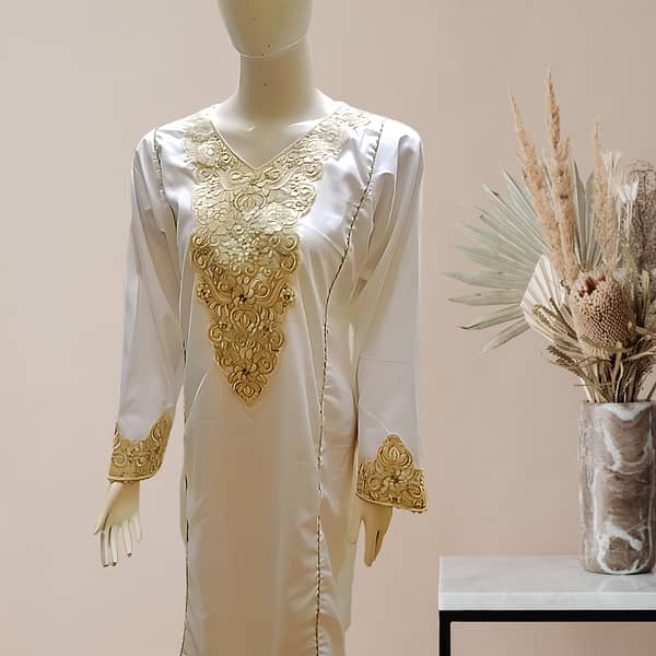 Dobby Lawn Shalwar Kameez Dress for Girls and Women - White with Golden Embroidery