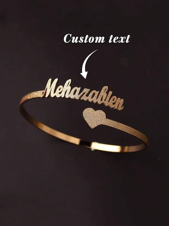 Custom Frosted Name Bangle Bracelet with Adjustable Heart Design – Personalized Jewelry Gift for Couples
