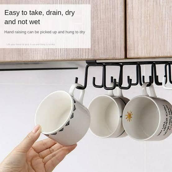 Under Cabinet Mug Holder with 6 Hooks - Kitchen Cup Storage Rack for Cupboards and Wardrobes, Hanging Organizer for Utensils and Kitchenware