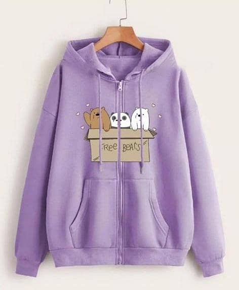 Women's Winter Collection Fleece Kangaroo Hoodie with Unique Purple Bear Print