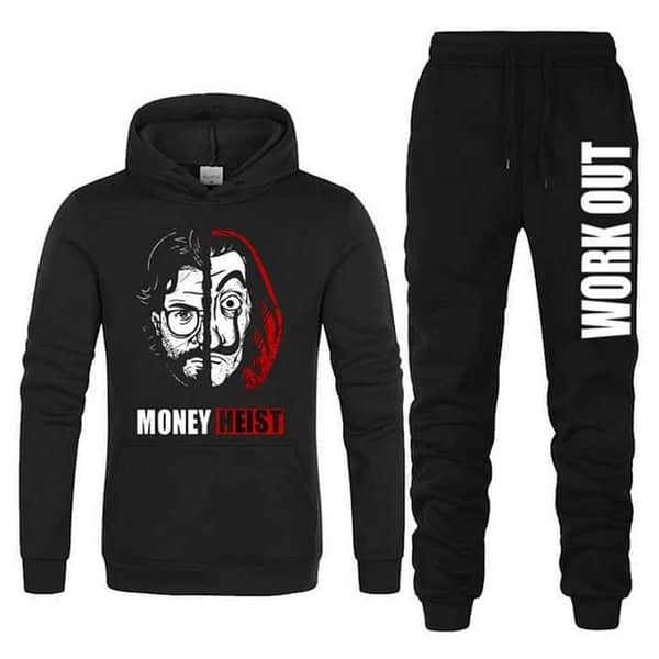 Money Heist Fleece Hoodie and Workout Trousers for Men - Winter Collection with Drawstring and Side Pockets