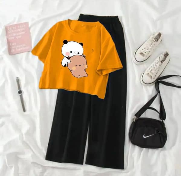 Women's and Girls' Summer Crop Top Tee with Black Flapper Pants