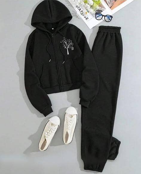 Floral Printed Fleece Hoodie and Trousers Set for Women and Girls