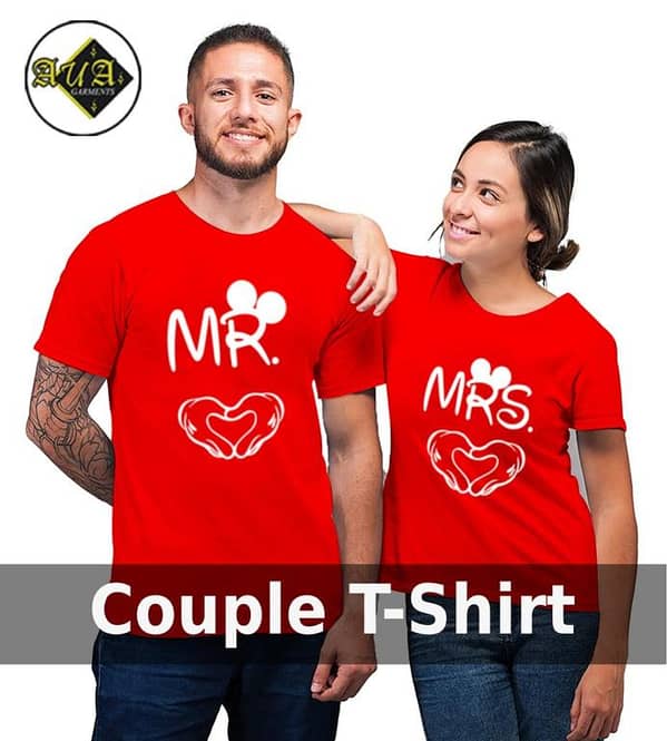 Couple T-Shirts Set: 2 Mr and Mrs Round Neck Half Sleeve Tees