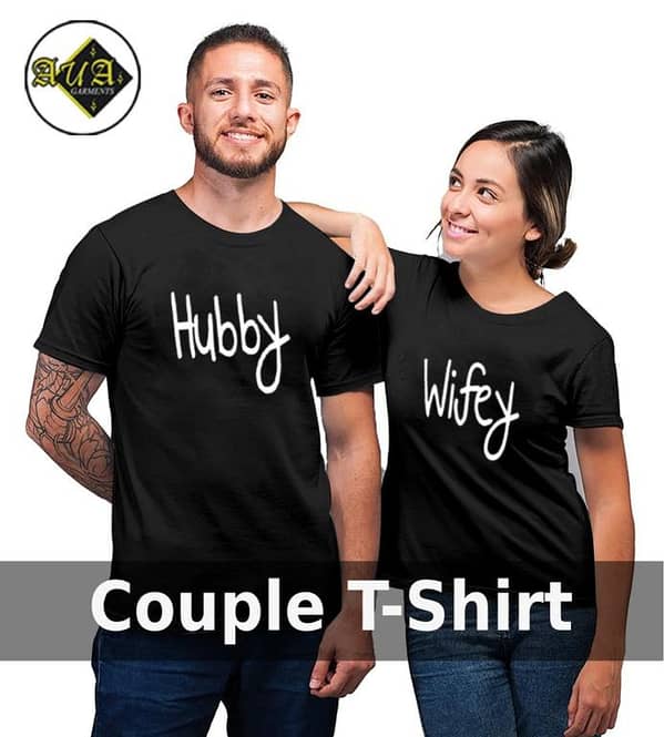 Set of 2 Wifey and Hubby Printed Round Neck Half Sleeve Couple T-Shirts