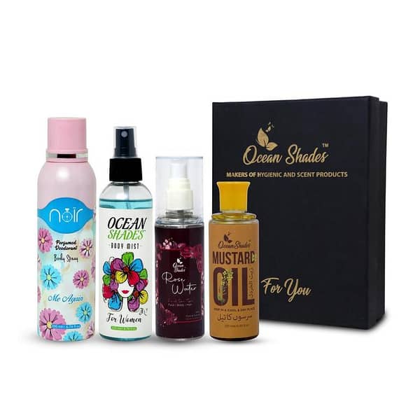 Ocean Shades Deal No. 1 Women's Self-Care Set: Mustard Oil, Body Mist, Noir Me Again Body Spray, Rose Water, and Gift Box.