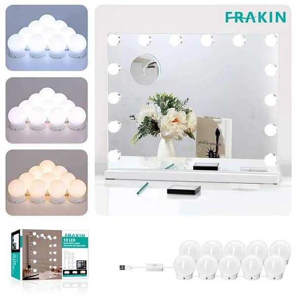 FRAKIN LED Vanity Mirror Light Bulbs Set for Makeup (10 Bulbs) with Adjustable Length and USB Charging