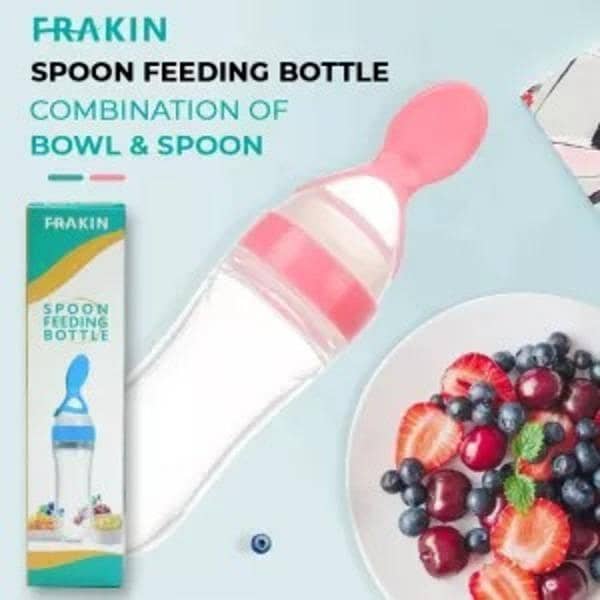 FRAKIN Baby Silicone Spoon Feeder - 90ml Spoon Bottle Feeder in Blue/Pink for Easy Feeding