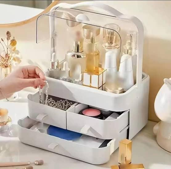 FRAKIN 3-Layer Makeup Storage Holder - Modern Cosmetic Organizer with Handle and Drawer