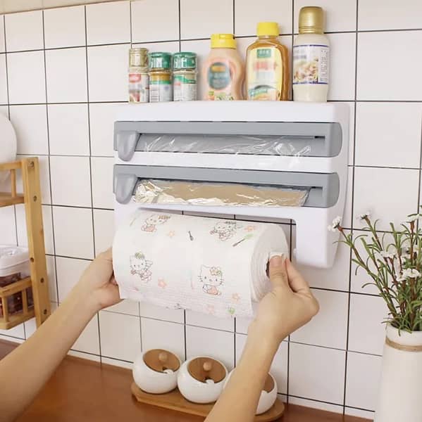 FRAKIN 4-in-1 Wall-Mounted Kitchen Rack for Sauce Bottles, Paper Towels, and Storage