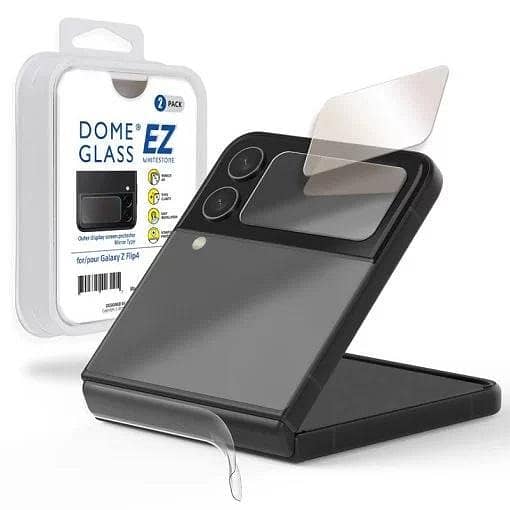 Whitestone Dome [EZ] Tempered Glass Screen Protector for Galaxy Z Flip 4 with Hinge Cover Film – Easy Installation, Pack of 2