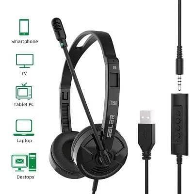 Salar H58 Wired Headphones for PC with USB and 3.5mm Jack, Noise-Cancelling Microphone, Comfortable for Laptops and Mac – Black