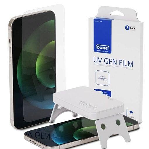 Whitestone Dome UV GEN Screen Protector for iPhone 15 - Hard Coated Film, 2 Pack with UV Light