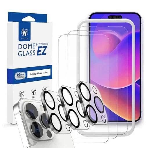 Whitestone Dome EZ Glass Screen Protector and Camera Protectors for iPhone 14 Pro - 3 Pack with Installation Jig