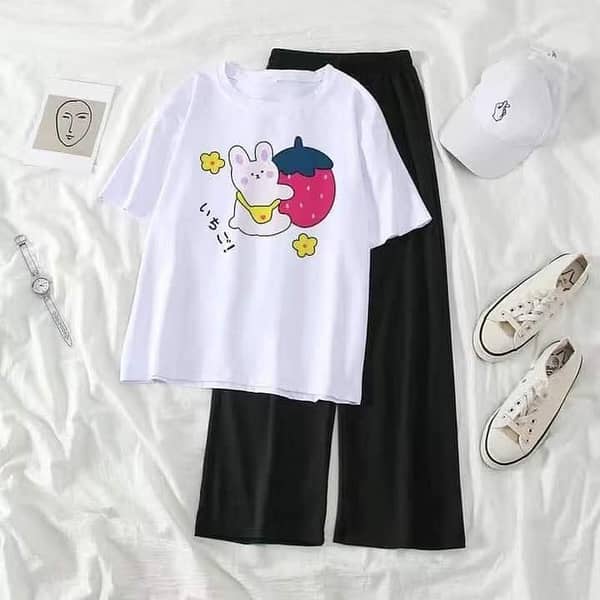Girls' 2-Piece Set: Cat and Strawberry Print T-Shirt with Black Trousers for Comfortable Relaxation