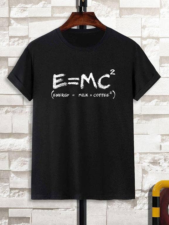 Men's Half-Sleeve Black T-shirt with E=MC² Coffee Design - Casual Summer Wear in Sizes S, M, L, XL - Perfect for Science and Coffee Enthusiasts