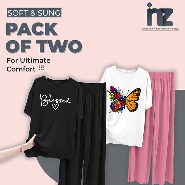 Set of 2 Women's Oversized Printed T-Shirts and Trousers for Comfortable Relaxation