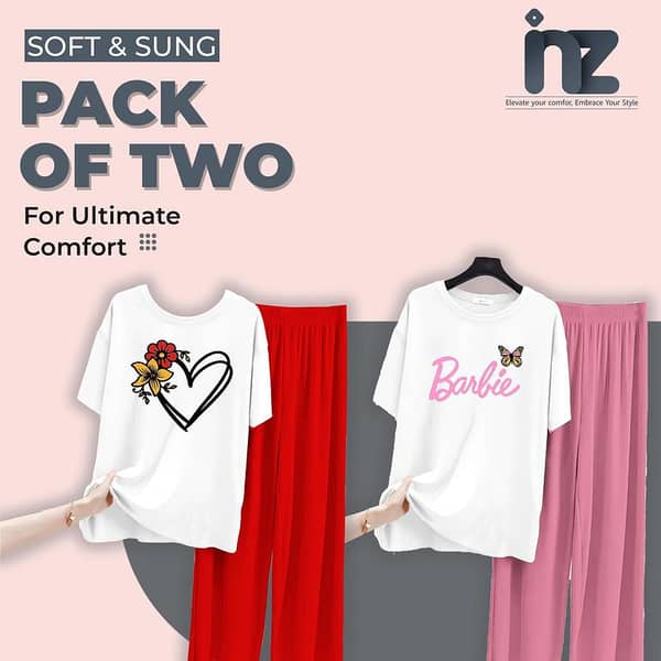 Set of 2 Women's Nightwear - Love Print Pajama and Jersey Top Sleep Set for Girls and Women