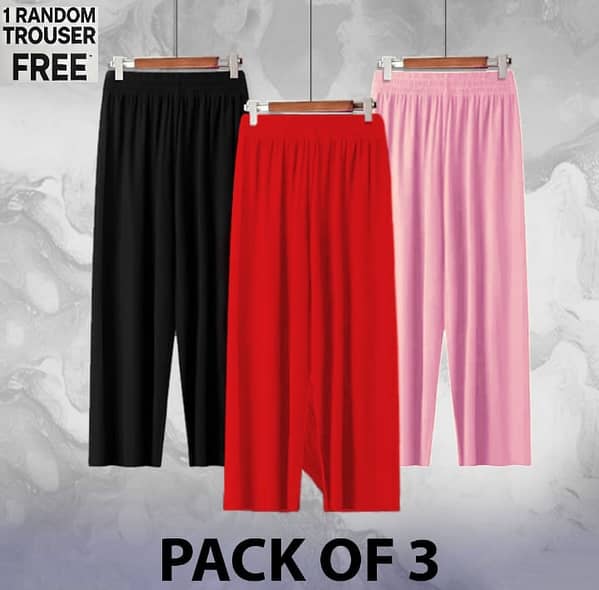 Set of 3 Cotton Jersey Trousers in Red, Pink, and Black with 1 FREE Random Trouser | Comfortable Pajama Pants for Women and Kids