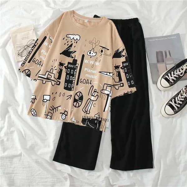 Boys' Doodle Print T-Shirt and Trouser Set | Cotton Loungewear for Ages 7-14 | Comfortable Outfit