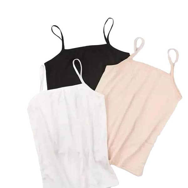 Set of 3 Shameez Pure Cotton Camisoles for Girls and Women - Stretchable Tank Tops in Black, White, and Beige