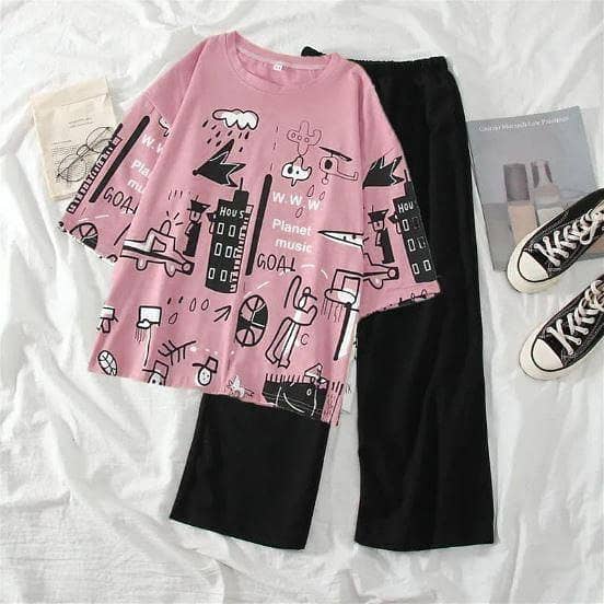 Girls' Planet Print Nightwear Set – Graphic T-Shirt and Black Pajama | Comfortable Summer Loungewear for Teens and Women