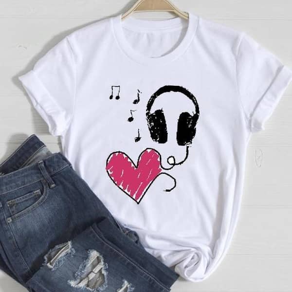 Women’s and Girls’ Oversized Printed White T-Shirt - Casual Half Sleeve Tee with Music Headphone & Heart Design in Soft Cotton