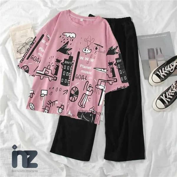 Women's and Girls' Relaxed Fit T-Shirt and Trouser Set – Summer Cotton Nightwear for Home, Sleep, and Casual Wear – Soft Fabric with Round Neck Tee and Matching Trousers (S to XL)