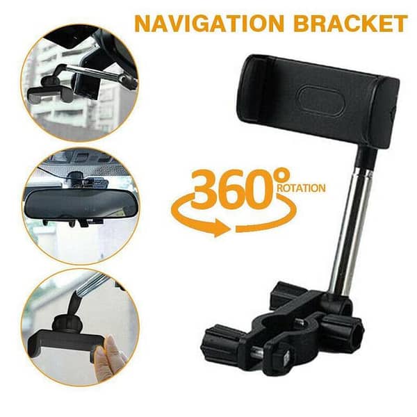 Universal 360° Rotating Car Phone Holder for Rear View Mirror - Adjustable and Retractable Mobile Device Mount