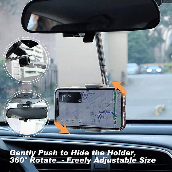 Universal 360° Rotating Rear View Mirror Mobile Phone Holder for Cars - Flexible and Retractable Design