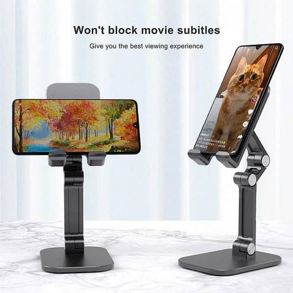 Height and Angle Adjustable Foldable Phone Holder with Anti-Slip Silicone Pad for Desk Use - Compatible with Phones and Tablets - Black