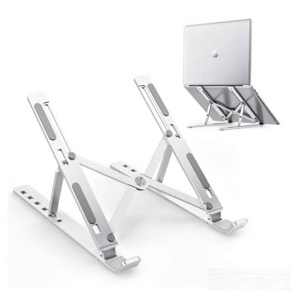 Adjustable Height Portable Aluminum Laptop Stand with Foldable Design and Anti-Slip Rubber Grips in Silver