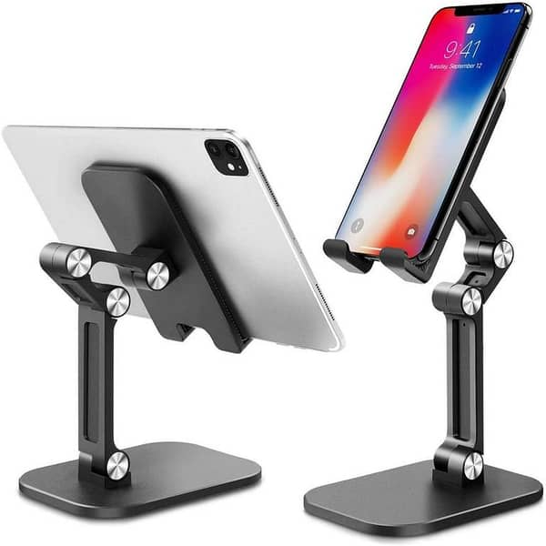 Height and Angle Adjustable Foldable Phone Holder for Desk with Anti-Slip Silicone Pad - Black