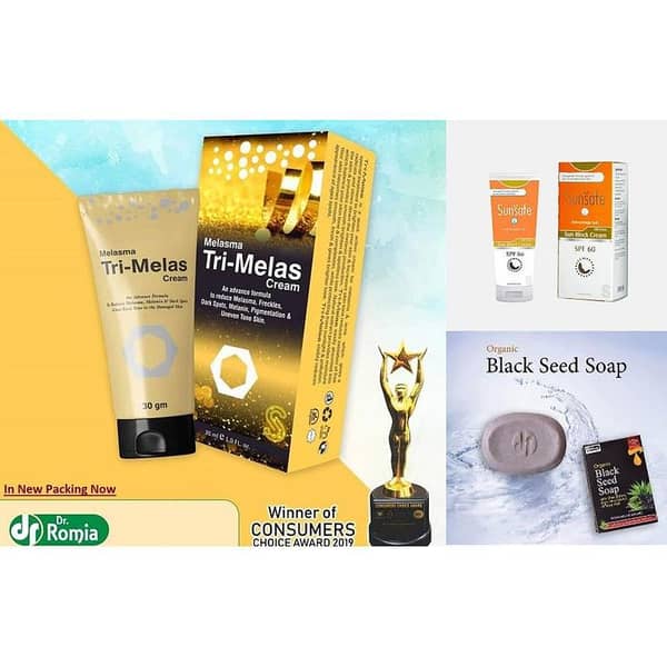 Dr Romia Tri Melas Cream, Black Seed Soap & Sun Block Set for Melasma and Uneven Skin Tone