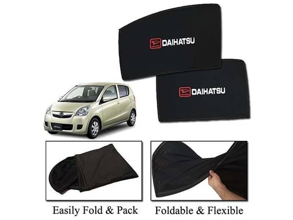 Daihatsu Mira Foldable Sun Shades 2013-2018 with Logo | Dark Black Mesh Fabric | Heat Resistant
