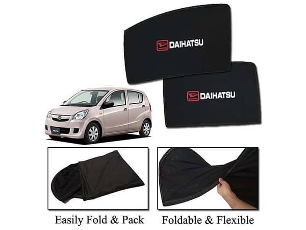 Sun Shades for Daihatsu Mira (2007-2012) - Foldable Mesh, Heat Resistant, Black with Logo