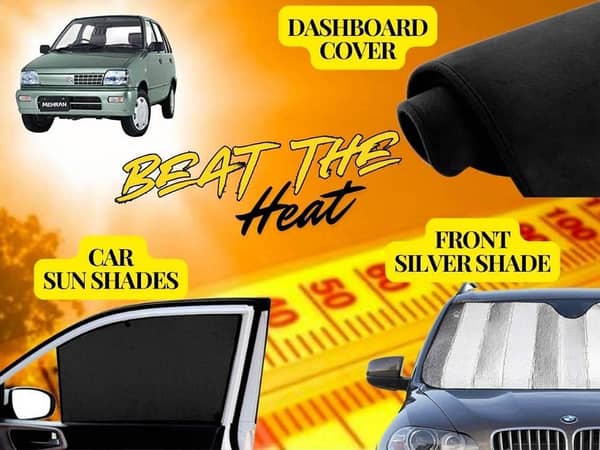 Suzuki Mehran Summer Kit: Dashboard Cover, Foldable Sun Shades, and Front Silver Shade