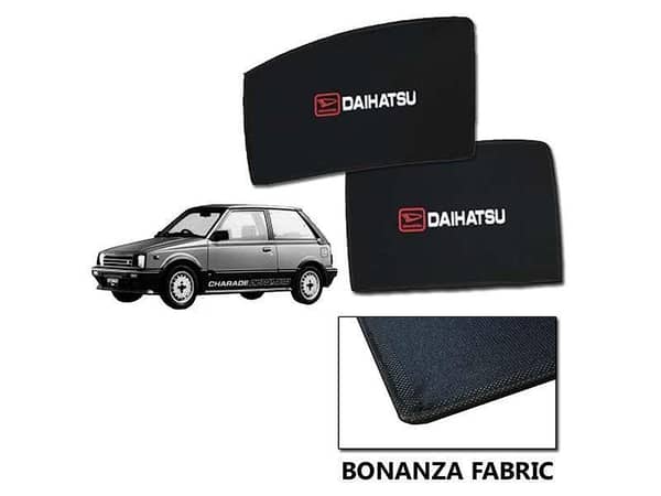 Daihatsu Charade Sun Shades (1984-1986) - Bonanza Fabric with Logo, Heat Resistant, Set of 4